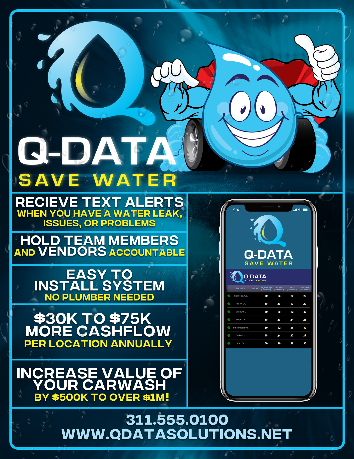 Q-Data — flyer concept with mascot hero